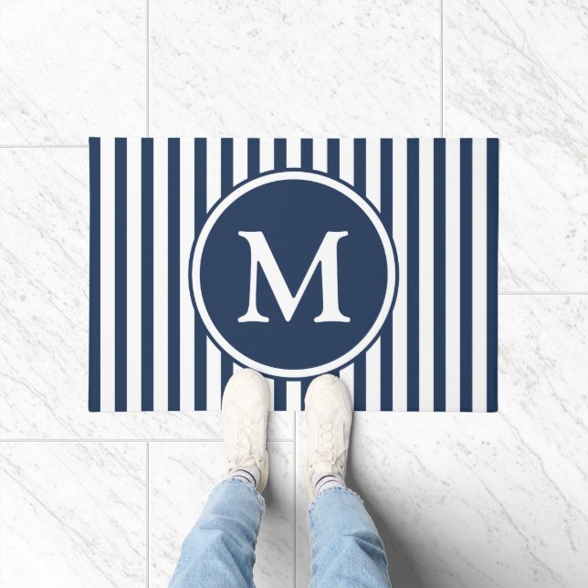 Elegant Navy Blue Stripes Monogram Doormat (Indoor)