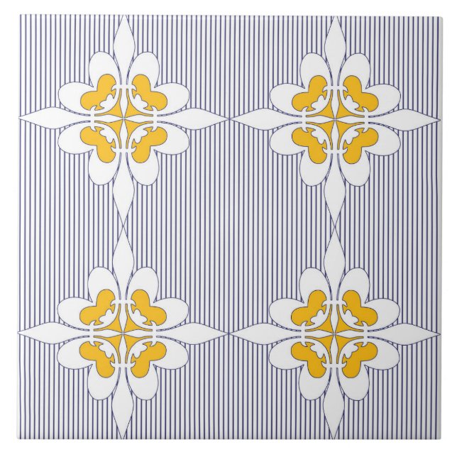 Elegant, navy blue, stripes, mustard yellow, white ceramic tile (Front)