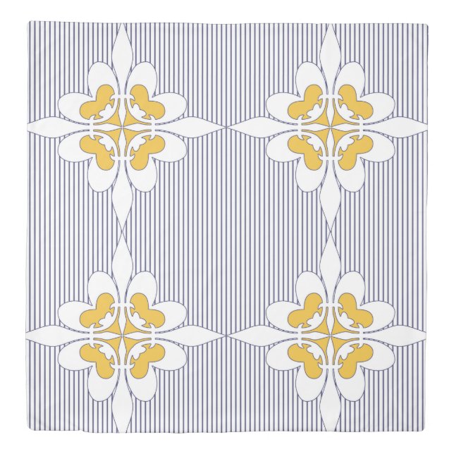 Elegant, navy blue, stripes, mustard yellow, white duvet cover (Front)