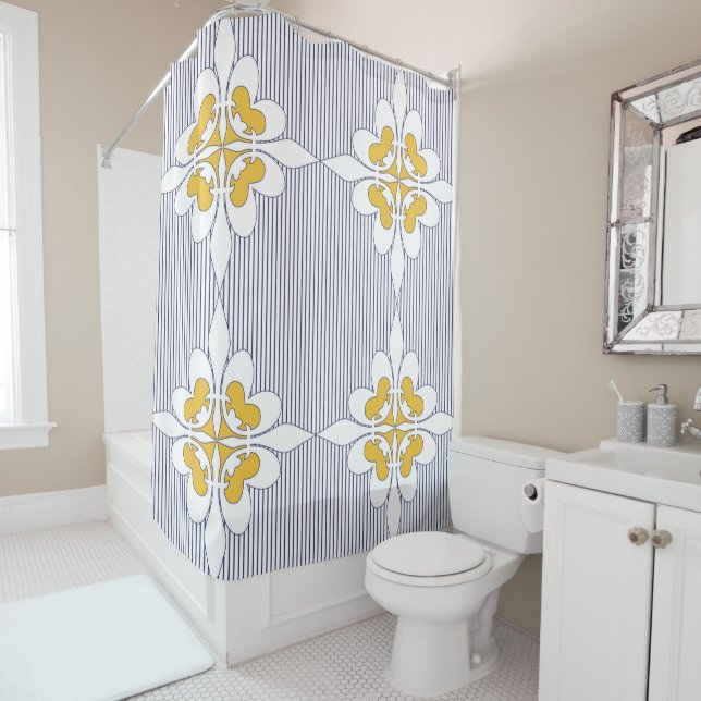Elegant, navy blue, stripes, mustard yellow, white shower curtain (In Situ)