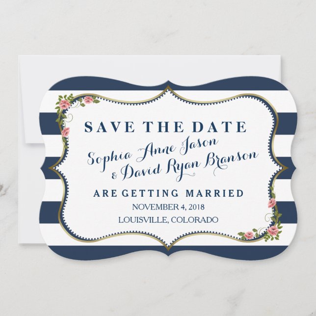 Elegant Navy Blue Stripes Wedding Save The Date (Front)