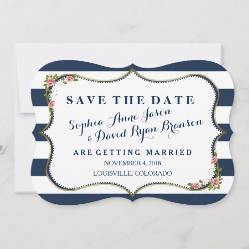 Elegant Navy Blue Stripes Wedding Save The Date
