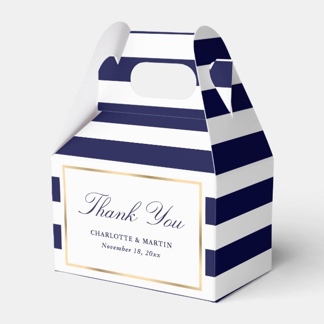 Elegant Navy Blue Stripes Wedding Thank You Favor Boxes (Front Side)