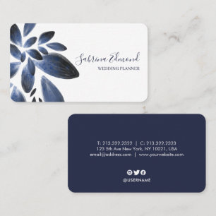 Elegant Navy Blue Succulent Foliage Signature Business Card