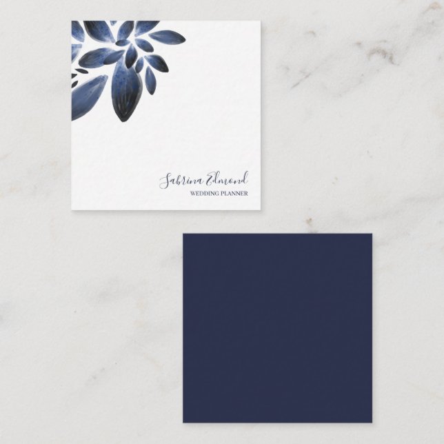 Elegant Navy Blue Succulent Foliage Signature Note Card (Front/Back)