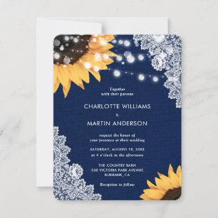 Elegant Navy Blue Sunflower Burlap Lace Wedding Invitation