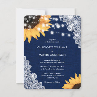 Elegant Navy Blue Sunflower Burlap Lace Wedding Invitation