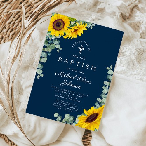 Elegant Navy Blue Sunflower Cross Baptism  Invitation