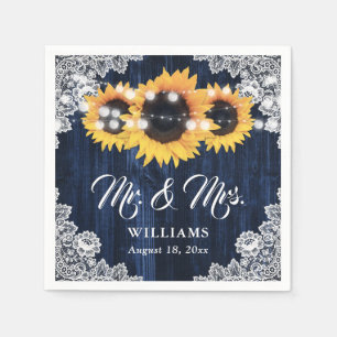 Elegant Navy Blue Sunflower Floral Lace Wedding Napkins