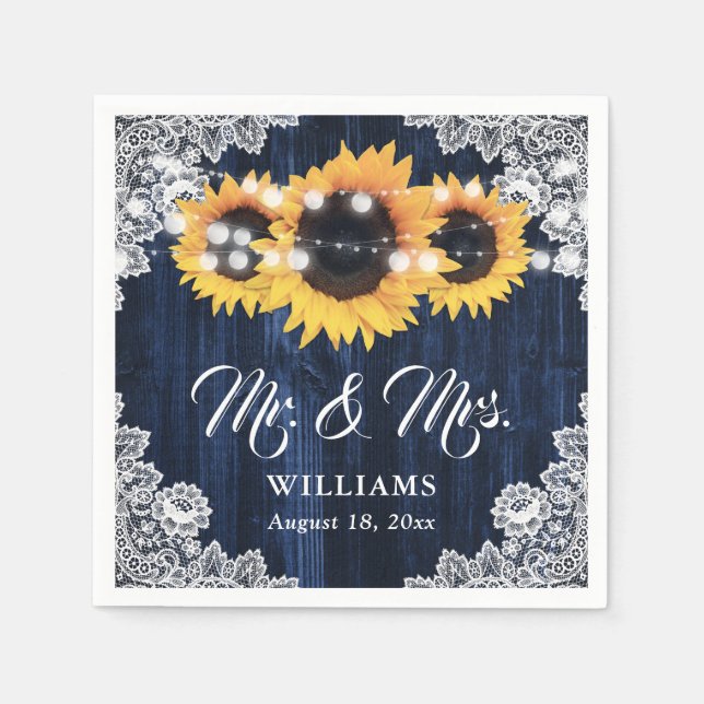 Elegant Navy Blue Sunflower Floral Lace Wedding Napkins (Front)