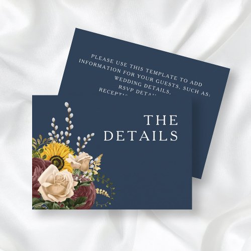 Elegant Navy Blue Sunflower Floral Wedding Details Enclosure Card