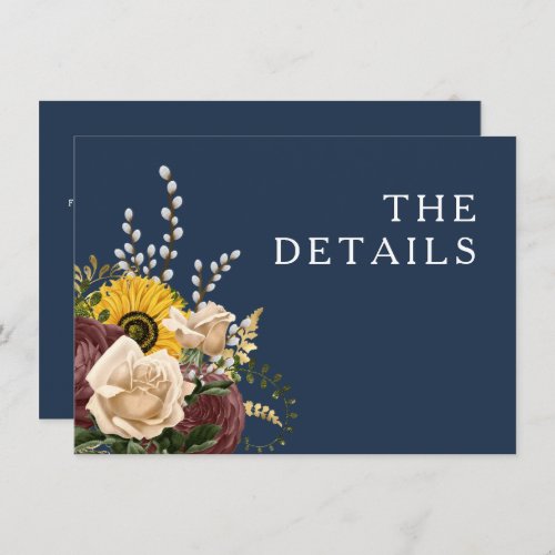 Elegant Navy Blue Sunflower Floral Wedding Details Enclosure Card