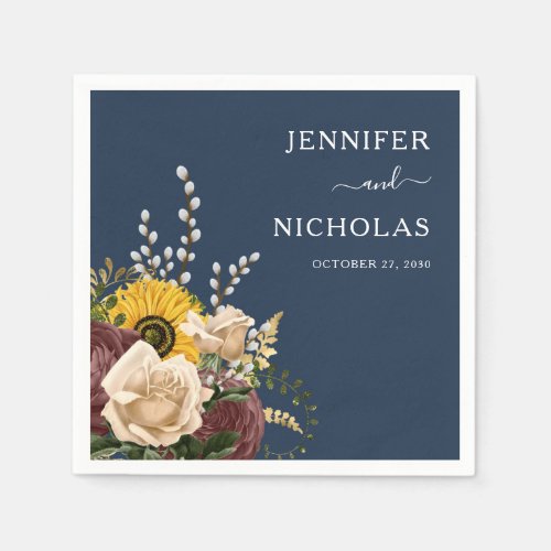 Elegant Navy Blue Sunflower Floral Wedding Napkins