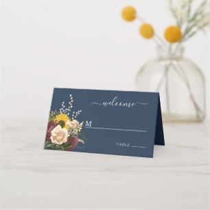 Elegant Navy Blue Sunflower Floral Wedding Place Card