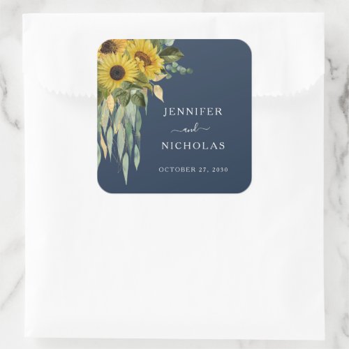 Elegant Navy Blue Sunflower Floral Wedding Square Sticker