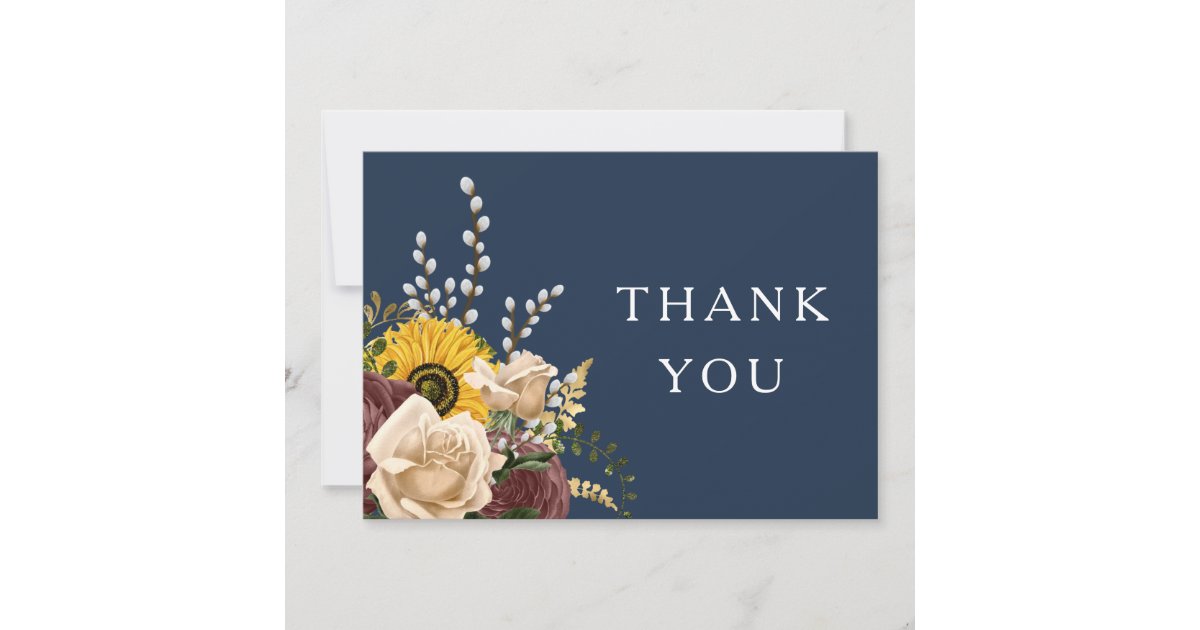 Elegant Navy Blue Sunflower Floral Wedding Thank You Card | Zazzle