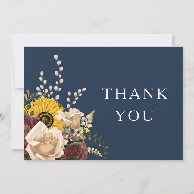 Elegant Navy Blue Sunflower Floral Wedding Thank You Card (Front)