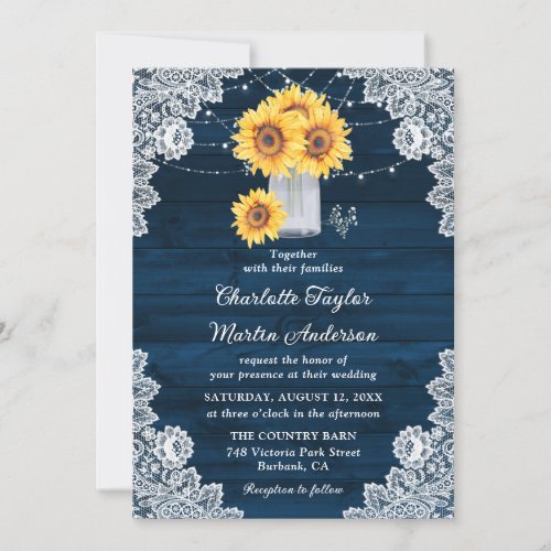Elegant Navy Blue Sunflower Rustic Wedding Invitation