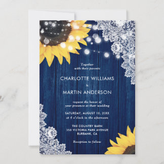 Elegant Navy Blue Sunflower Rustic Wood Wedding Invitation