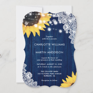 Elegant Navy Blue Sunflower Rustic Wood Wedding Invitation
