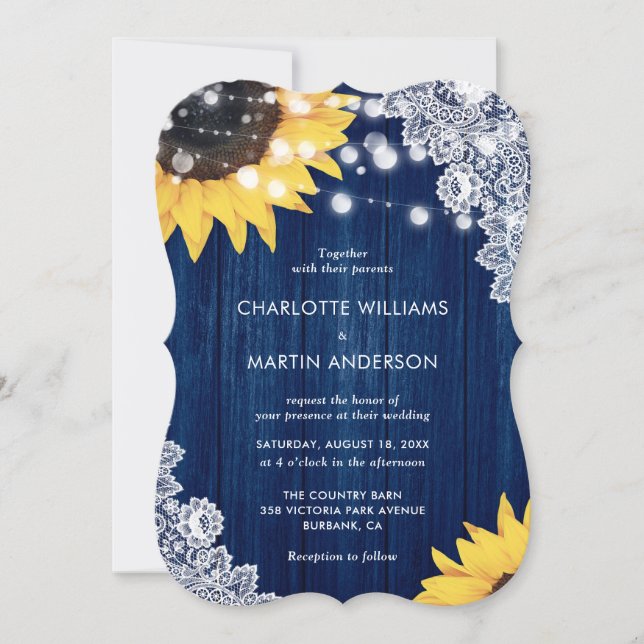 Elegant Navy Blue Sunflower Rustic Wood Wedding Invitation (Front)