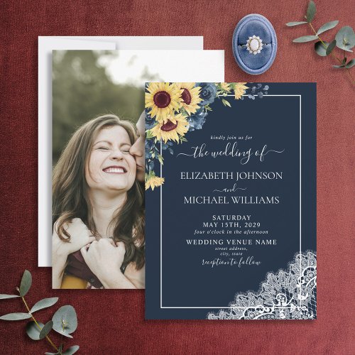 Elegant Navy Blue Sunflower Script Photo Wedding Invitation