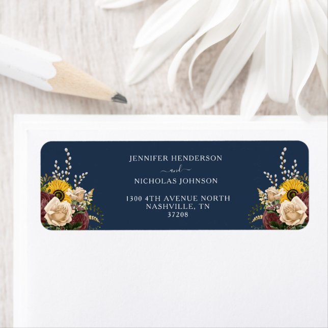 Elegant Navy Blue Sunflower Wedding Address Label (Insitu)