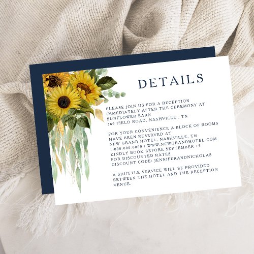 Elegant Navy Blue Sunflower Wedding Details Enclosure Card