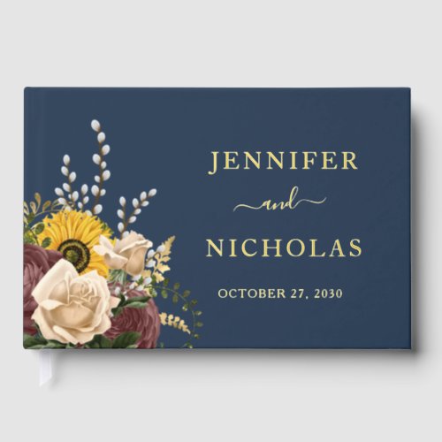 Elegant Navy Blue Sunflower Wedding Gold Foil Foil Guest Book