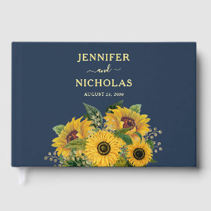 Elegant Navy Blue Sunflower Wedding Gold Foil Guest Book