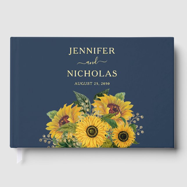 Elegant Navy Blue Sunflower Wedding Gold Foil Guest Book (Front)