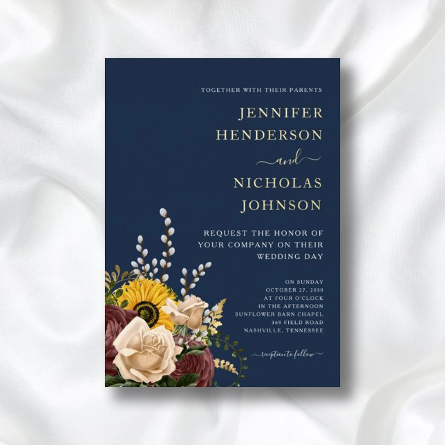 Elegant Navy Blue Sunflower Wedding Gold Foil Invitation (Creator Uploaded)
