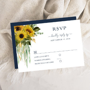 Elegant Navy Blue Sunflower Wedding RSVP Card