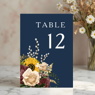 Elegant Navy Blue Sunflower Wedding Table Number