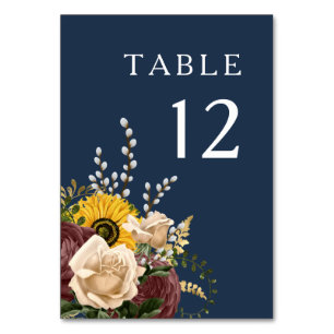 Elegant Navy Blue Sunflower Wedding Table Number