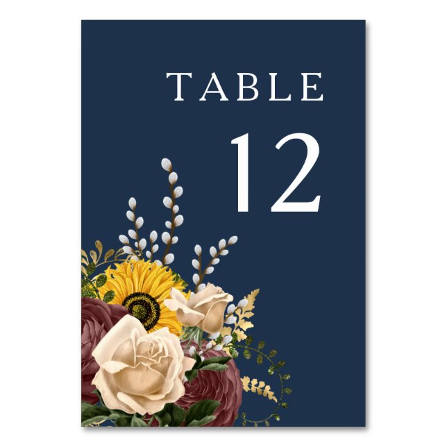 Elegant Navy Blue Sunflower Wedding Table Number (Front)
