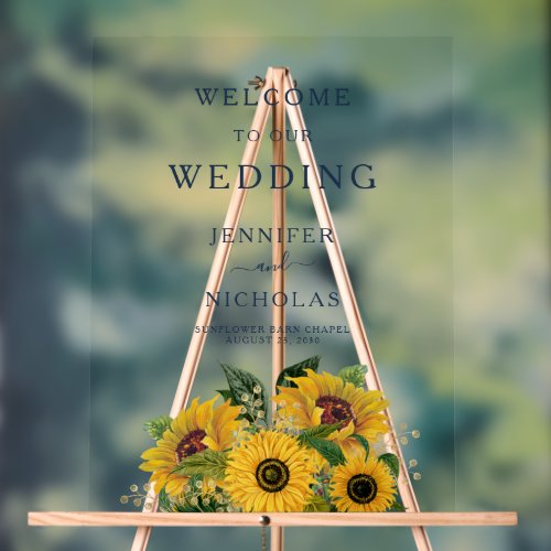 Elegant Navy Blue Sunflower Wedding Welcome Acrylic Sign