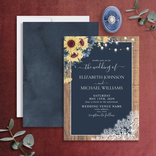 Elegant Navy Blue Sunflower Wood Lace Wedding Invitation