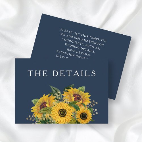 Elegant Navy Blue Sunflowers Wedding Details Enclosure Card