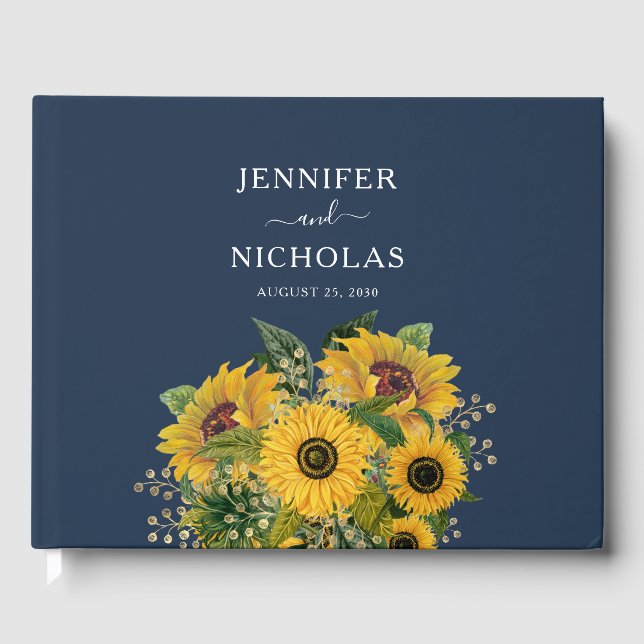 Elegant Navy Blue Sunflowers Wedding  Guest Book (Front)