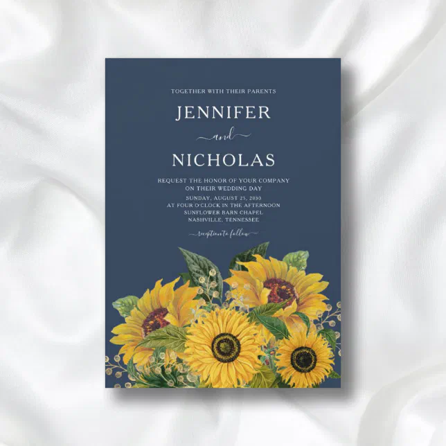 Elegant Navy Blue Sunflowers Wedding Invitation Zazzle