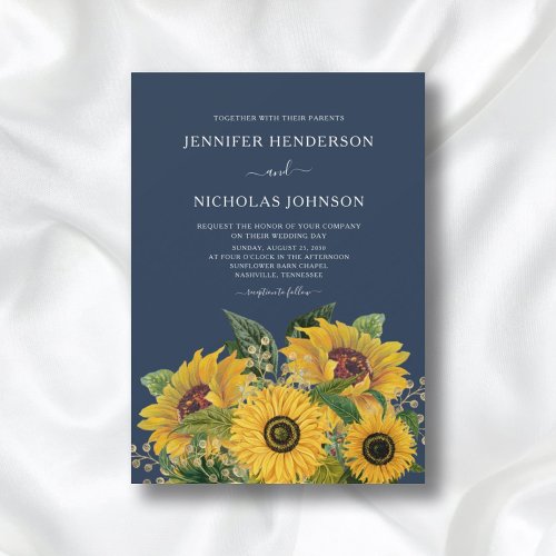 Elegant Navy Blue Sunflowers Wedding Invitation