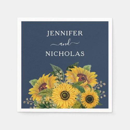 Elegant Navy Blue Sunflowers Wedding  Napkins