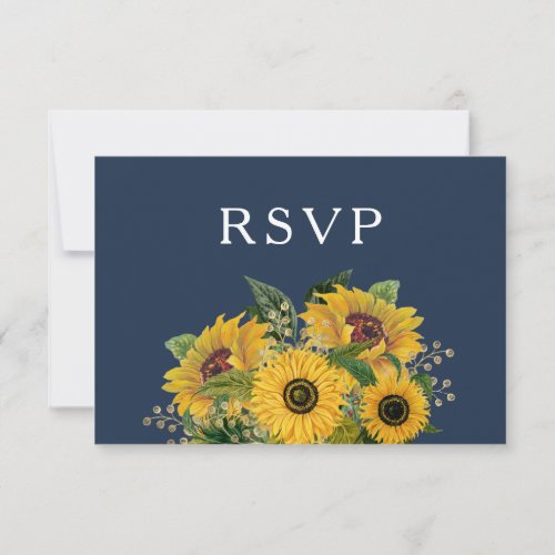 Elegant Navy Blue Sunflowers Wedding  RSVP Card