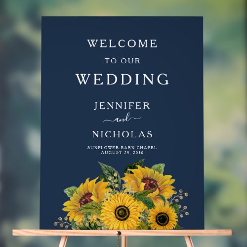 Elegant Navy Blue Sunflowers Wedding Welcome Acrylic Sign