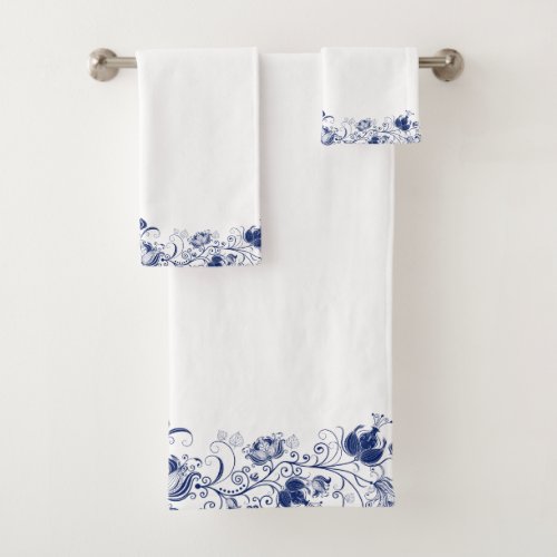 Elegant Navy Blue Swirls Floral Border Bath Towel Set