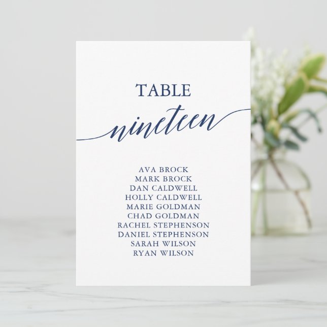 Elegant Navy Blue Table Number 19 Seating Chart (Standing Front)
