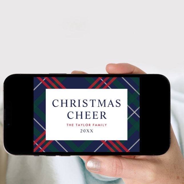 Elegant Navy Blue Tartan Plaid Christmas Cheer Holiday Card (Front Digital)