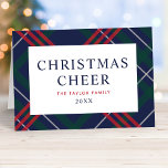 Elegant Navy Blue Tartan Plaid Christmas Cheer Holiday Card<br><div class="desc">Stylish folded holiday card features a classic navy blue, hunter green and red tartan plaid pattern with elegant "Christmas Cheer" text with family name and year that can be completely personalized. A custom script message is also included on the inside of the card. Personalize with your preferred text - a...</div>