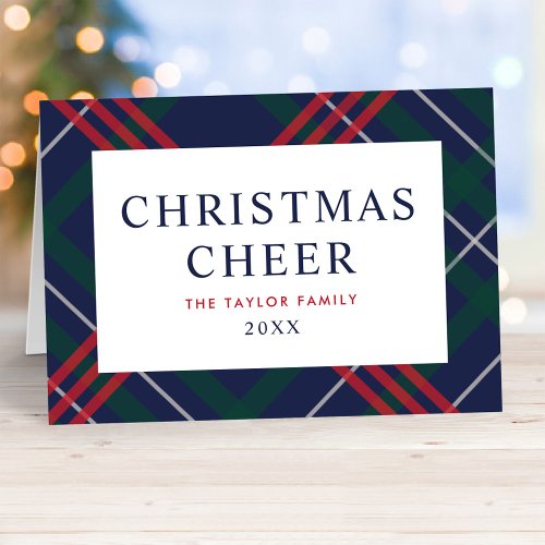 Elegant Navy Blue Tartan Plaid Christmas Cheer Holiday Card